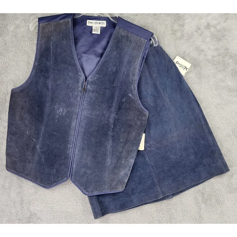Passports Vest Skirt Set Womens Medium Blue Leather Full Zip Vintage Knee Length - Picture 1 of 16